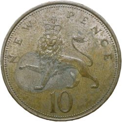 Alternative view of Old Copper-Nickel 10 Pence of Elizabeth II (AD 1969) from United Kingdom Large Size