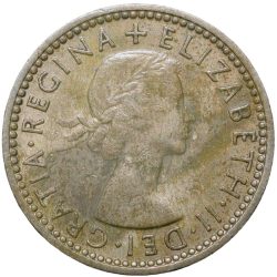 Alternative view of Old Copper-Nickel 6 Pence of Elizabeth II (AD 1959) of United Kingdom