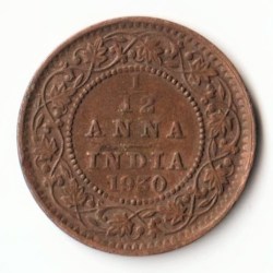 Rare 1/12 Anna 1930 Bronze Standard Circulation Coin of Calcutta Mint King George V British India Coinage