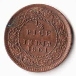 Extremely Fine Condition 1/2 Pice Key Date 1901 Copper Coin of Victoria Empress Standard Circulation Coin of British India