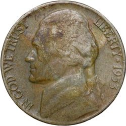 Old Copper-Nickel 5 Cents of USA - Jefferson (AD 1953)