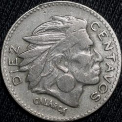 Old Copper-Nickel 10 Pesos of Colombia Country (AD 1954) with portrait of Indio Chief