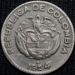 Alternative view of Old Copper-Nickel 10 Pesos of Colombia Country (AD 1954) with portrait of Indio Chief