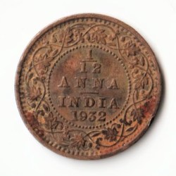 Rare 1/12 Anna 1932 Bronze Standard Circulation Coin of King George V British India Coinage