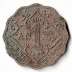 Rare One Anna 1930 Copper-Nickel Coin of Calcutta Mint King George V British India Coinage
