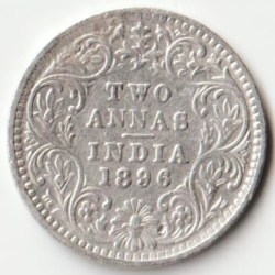 Rare Two Anna 1896 Victoria Empress British India Small Silver Beautiful Coin Extremely Fine Grade