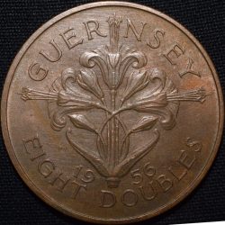Alternative view of Bronze 8 Doubles of Guernesey (AD 1959) of British Overseas Territories Rare Large Size