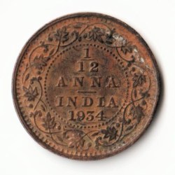 Rare 1/12 Anna 1934 Bronze Standard Circulation Coin of King George V British India Coinage