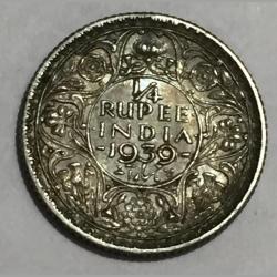 1939 India - British ¼ Rupee - George V King Emperor Silver Rare Coin #Z-151