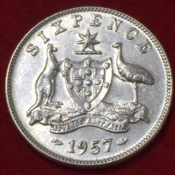 1957 Australia 6 Pence - Elizabeth II with "F:D:" Silver Coin Top Condition #N232