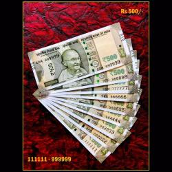 Rs 500 India Banknote Solid Fancy Set 111111 TO 999999 Gem Unc Unique and Rare