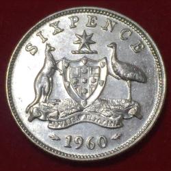 1960 Australia 6 Pence - Elizabeth II with "F:D:" Silver Coin Top Condition #N233