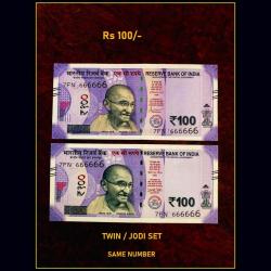 Rs 100 INDIA BANKNOTE Fancy Number 666666 JODI PAIR SET Same Number Unique Twin Set