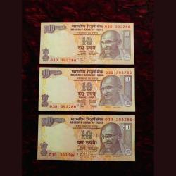 Rs 10 Triplet Pair Ending 786 Banknote All 3 Numbers Same Unique Small Font Gandhi Issue Set Unique