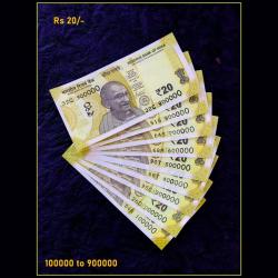 Rs 20 India Banknote Solid Fancy Set 100000 to 900000 Gem Unc Unique Collection