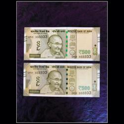 Rs 500 TWIN PAIR NOTE BOTH NUMBER SAME GEM UNC 0KH 333333 UNIQUE PAIR