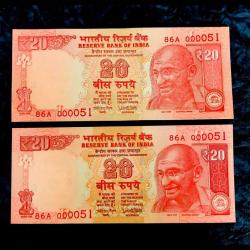 Rs 20 India Banknote Twin Pair Gem Unc Both Serial Numbers Identical Telescope Issue