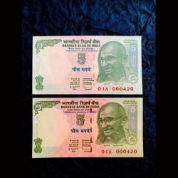 Rs 5 India Banknote Twin Pair 01A 000420 Gem Unc Both Serial Numbers Identical