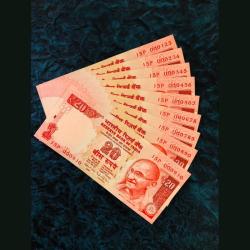 Rs 20 India Banknote Fancy Numbers Set 000123 to 000910 Gem Unc Small Font