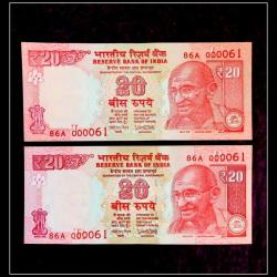 Rs 20 Twin Pair Banknote Both Numbers Same Unique and Rare Telescope Issue Gem UNC