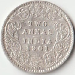XF Grade Two Anna 1901 Silver Coin of Victoria Empress British India Collectible Coins