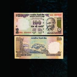 Rs 100 India Banknote Super Solid Fancy Number 9 999999 Gem Unc Top Collection Small Font