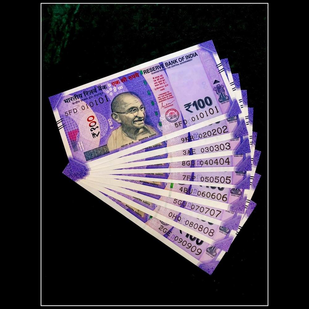 Rs 100 India Banknote Set 010101 to 090909 Gem UNC 9 Note Set Latest Issue