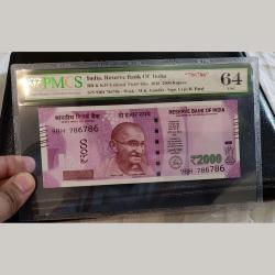 Alternative view of Super Duper Rare and Most Demanding 2000 Rupee Super Fancy Number 786786 Signed By Urjit Patel GEM UNC PMCS Graded Note