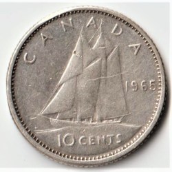 Rare 10 Cents Canada 1965 of Elizabeth II of Royal Canadian Mint Silver 2.33 g