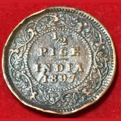Alternative view of 1897 India - British ½ Pice - Victoria Weight 3.2 g #R135