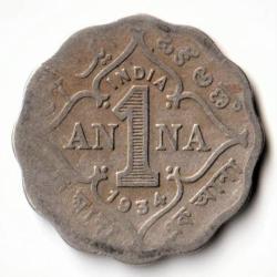 Rare One Anna 1934 Copper-Nickel Coin of Calcutta Mint King George V British India Coinage