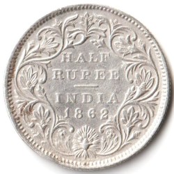 Rare Half Rupee 1862 of Queen Victoria Collectible British India Silver Coin