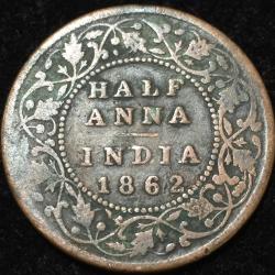 1862 India - British ½ Anna - Victoria Rare Lowest Price Coin #V54