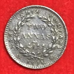 1841 India - British 2 Annas - Victoria Silver Continues Type Coin #Z- 83