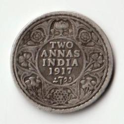 2 Anna 1917 Silver Coin of King George V British India Coinage