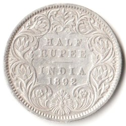 Rare Half Rupee 1892 of Calcutta Mint of Victoria Empress Collectible British India Silver Coin