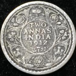 1912 India - British 2 Annas - George V Type II Silver Rare Lowest Price Coin #V176