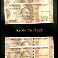 Rs 500 Twin Pair Gem Unc Very Unique Banknote Set Solid Number 6EP 999999 and 1 MILLION