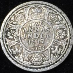 1917 India - British 2 Annas - George V Type II Silver Rare Lowest Price Coin #V177