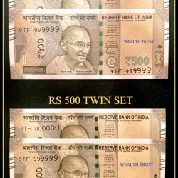 Rs 500 Twin Pair Gem Unc Very Unique Banknote Set SUPER Solid Number 9TF 999999 and 1 MILLION