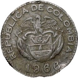 Alternative view of Old Copper-Nickel 10 Pesos of Colombia Country (AD 1966) with portrait of Indio Chief