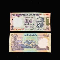 Rs 100 India Banknote Solid Fancy Number 000214 Telescope Issue Gem Unc Unique and Rare