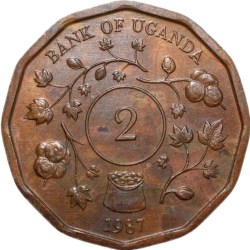 Alternative view of Bronze 2 Shillings of Uganda Country (AD 1987) with Coat of Arms/Floral Design