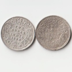 Extremely Fine Grade Combo Set of Two Anna 1900-1901 Silver Coin of Victoria Empress British India Queen Coinage