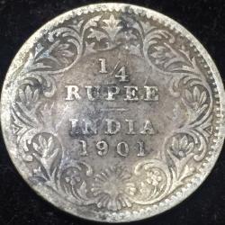 1901 India - British ¼ Rupee - Victoria Silver Rare Lowest Price Coin #V141
