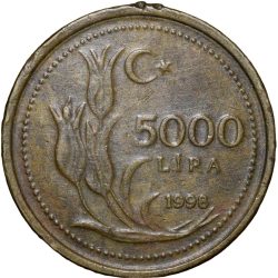 Alternative view of Brass 5000 Lira of Turkey (AD 1998)