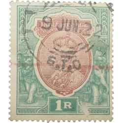Postal Stamp of George V 1 Rupee Green-Brown Colour Used as per Image.