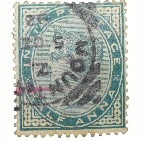 Postal Stamp of Victoria 1/2 Anna - Dull Green Colour - Used as per Image.