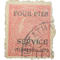Postal Stamp of Travancore Anchel State 8 Cash Red Colour - Over Printed in Black 4 Pies - Used Cond