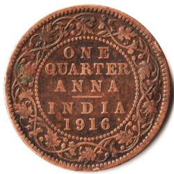 Extremely Rare One Quarter Anna 1916 George V Calcutta Mint Coin of British India Coinage